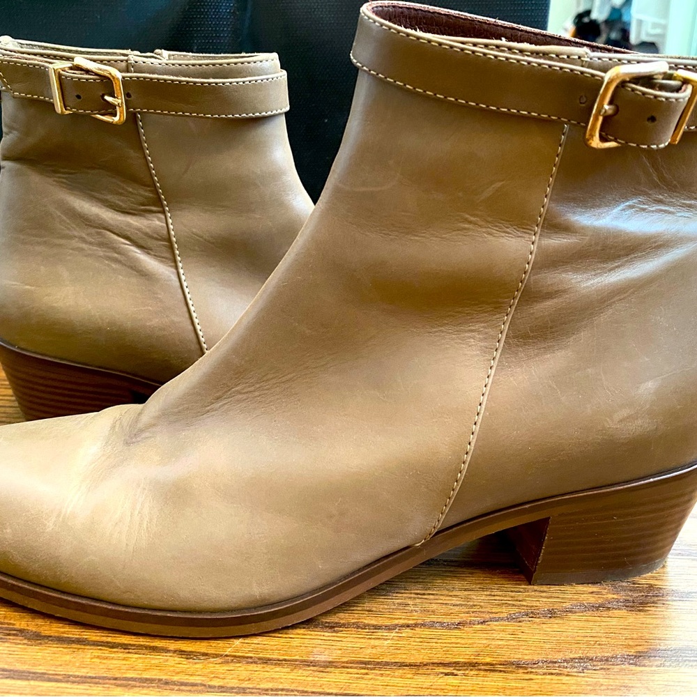 Jcrew/ ITALY light olive green booties with gold buckle.